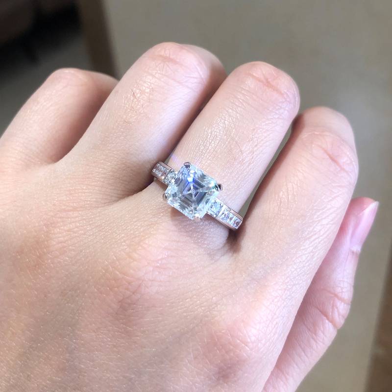 阿斯切方钻S925银镀白金Women's Ring定制选款主石Moissanite2.5ct/副石高碳钻